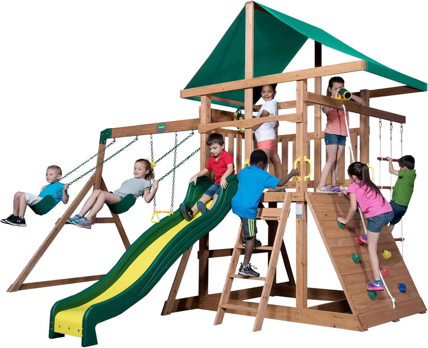 Swing Set - Mount Mckinley Cedar Wood, Featuring Wave Slide - Play Deck, Double Rock Wall, Rope Ladder, Web Swing, Belt Swings, Toy
