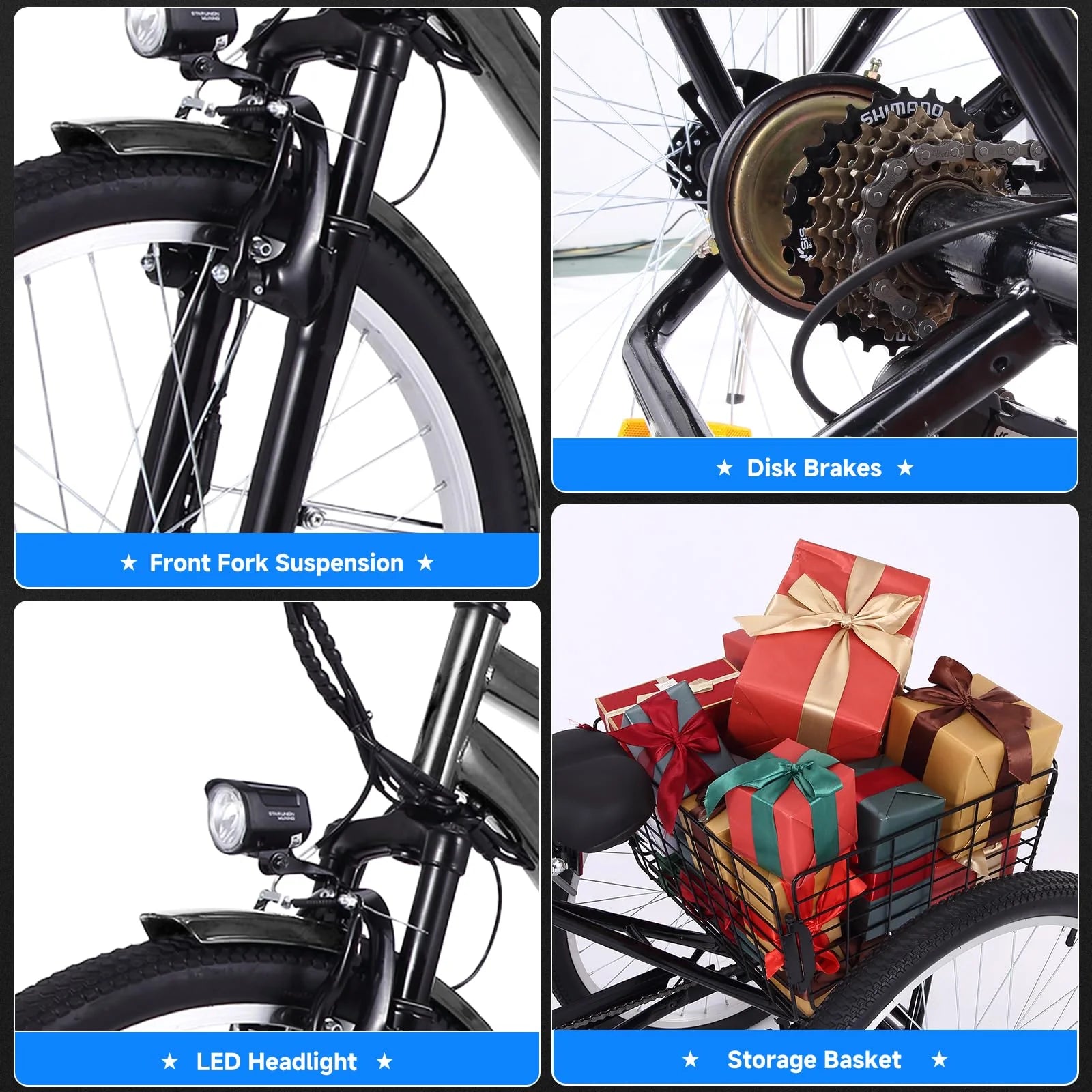 Tricycle - 26 Inch Adult 3 Wheel Electric, Featuring Basket - Fat Tires, 7 Speeds, 350W Powerful Motor, 36V 10Ah Removable Battery Dark Gray