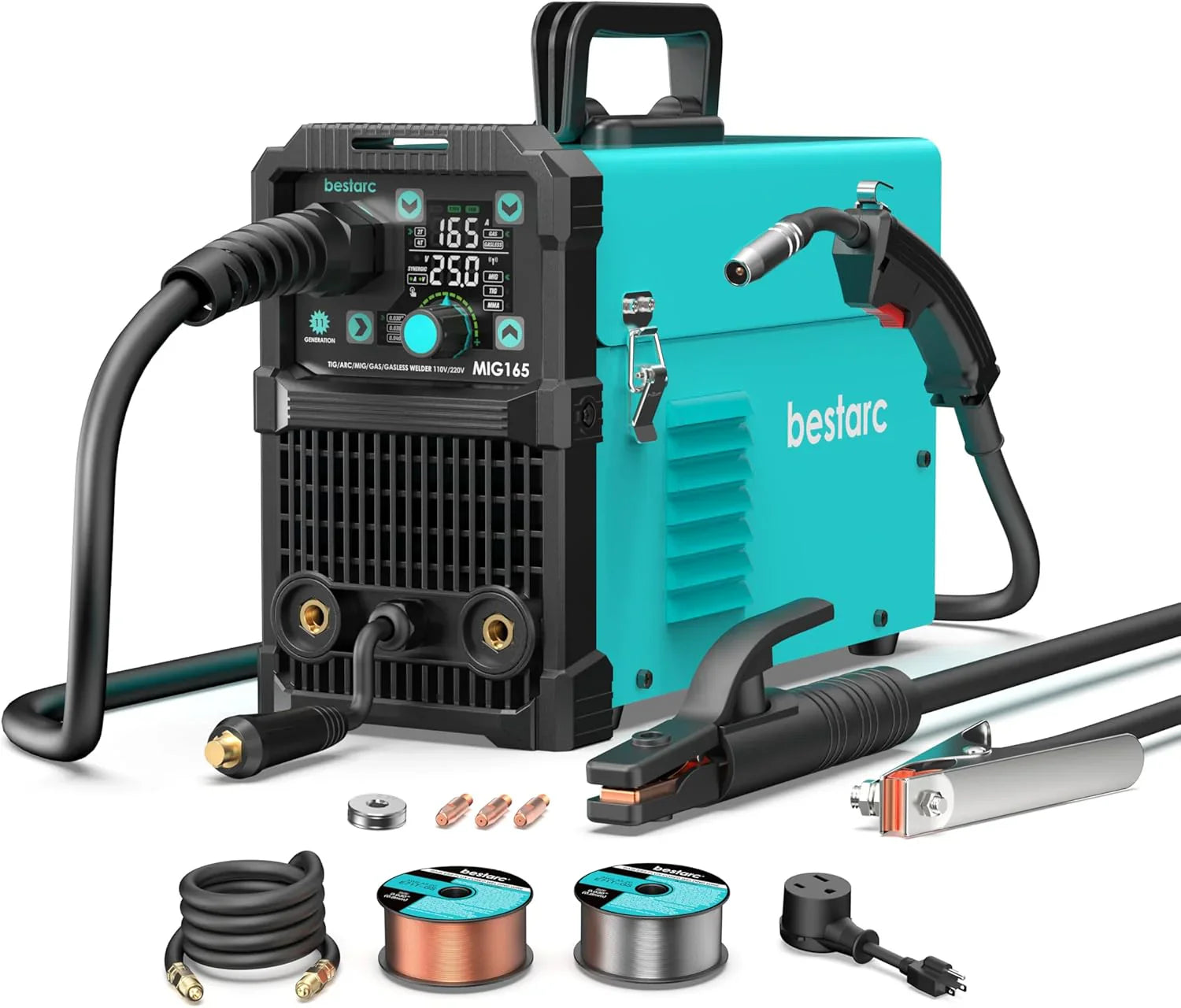 MIG Welder - 145A - 110V/220V Dual Voltage Gas/gasless Flux Core MIG Welder/lift Tig/stick 3 in 1 Synergic MIG145 9GEN Welding Machine, Flux/solid