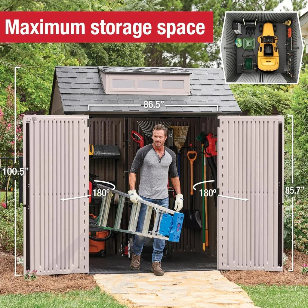 Storage Shed - Resin Outdoor - Featuring Floor (7 X 7 Ft) Weather Resistant Gray Organization for Home/backyard/garden Tools/lawn Mower/bike