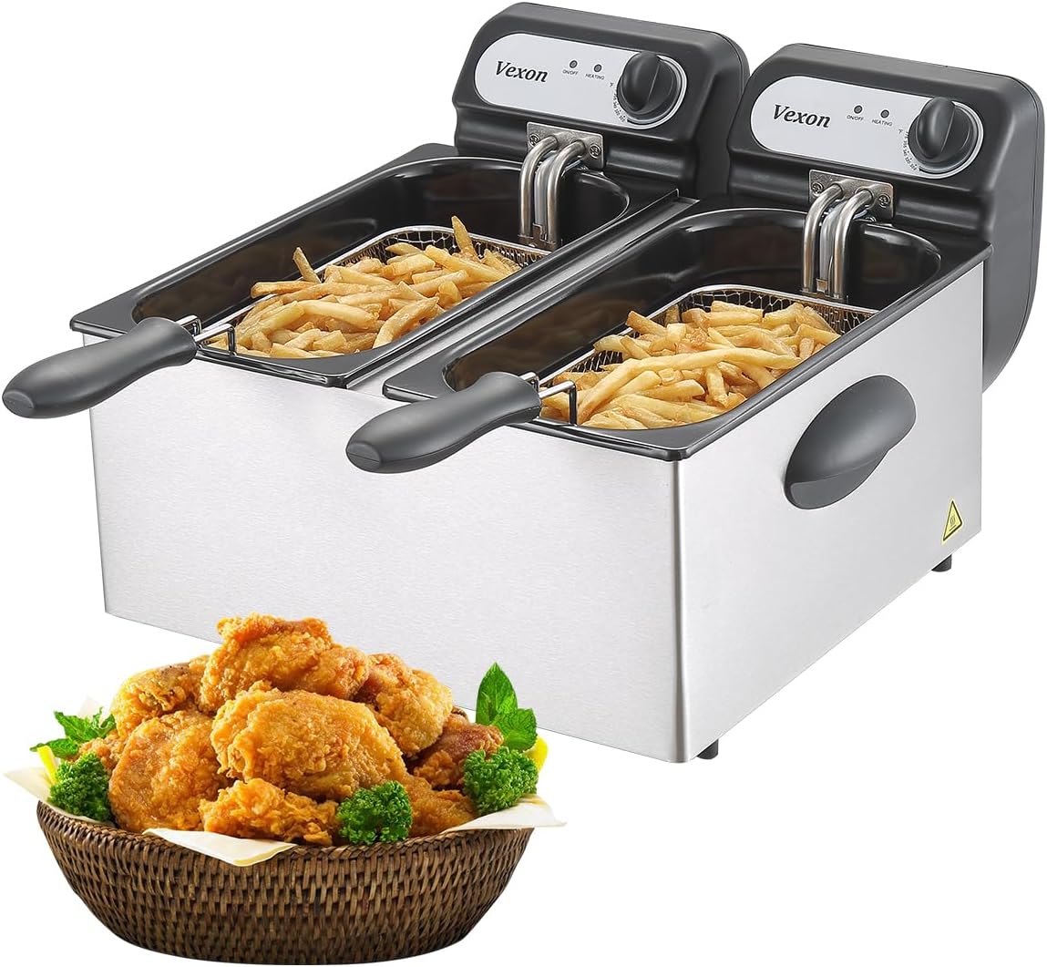Fryer - 3000W Commercial Electric Deep, Featuring Baskets and Lids - 2 X 3L Stainless Steel Double Deep Fryer, Small Deep Fryer with Basket, Temperature