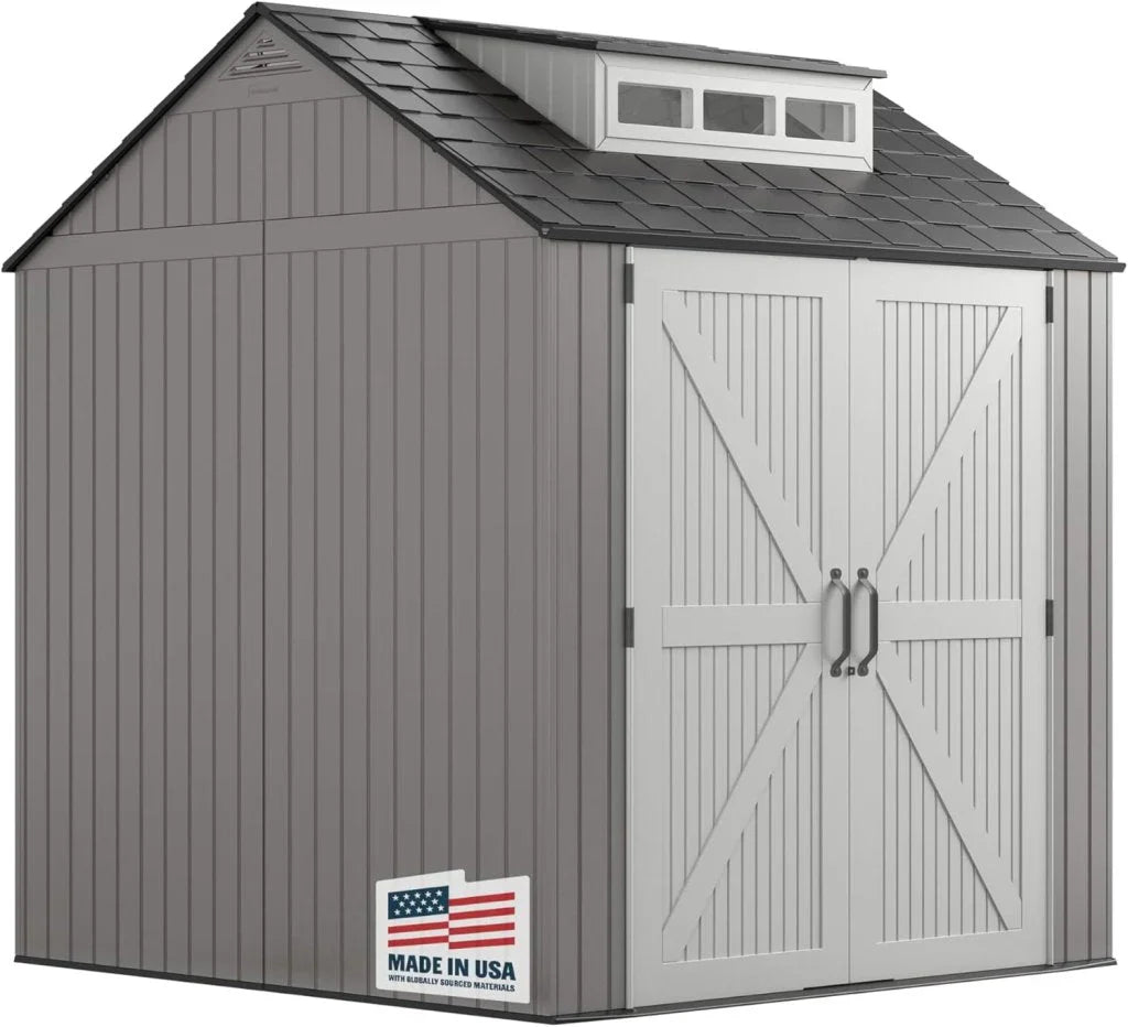Storage Shed - Resin Outdoor - Featuring Floor (7 X 7 Ft) Weather Resistant Gray Organization for Home/backyard/garden Tools/lawn Mower/bike
