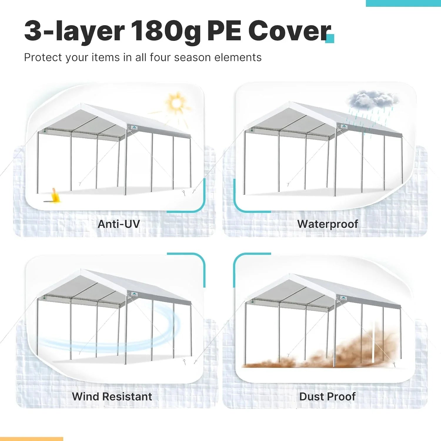 Canopy - OUTDOOR 10 X 20 Ft Heavy Duty Carport Potable Car, Garage Party Tent Boat Shelter - Adjustable Height from 9.5 Ft to 11 Ft, Beige