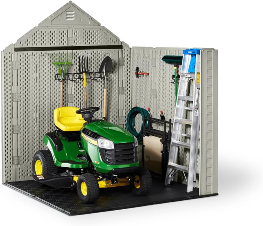 Storage Shed - Resin Outdoor - Featuring Floor (7 X 7 Ft) Weather Resistant Gray Organization for Home/backyard/garden Tools/lawn Mower/bike