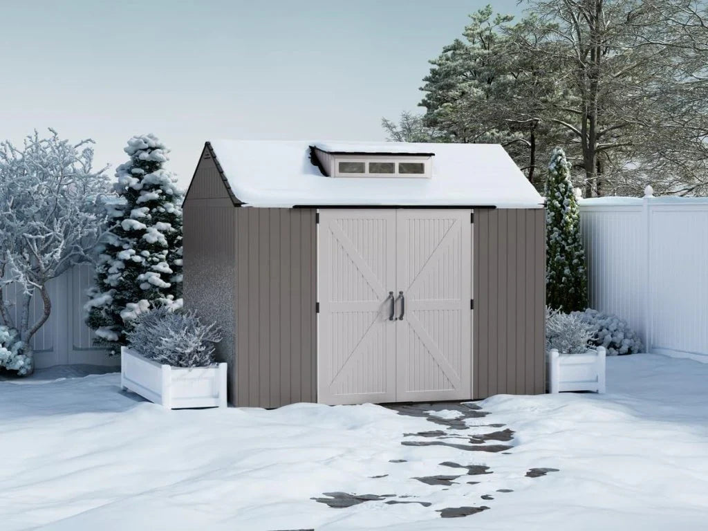 Storage Shed - Resin Outdoor - Featuring Floor (7 X 7 Ft) Weather Resistant Gray Organization for Home/backyard/garden Tools/lawn Mower/bike