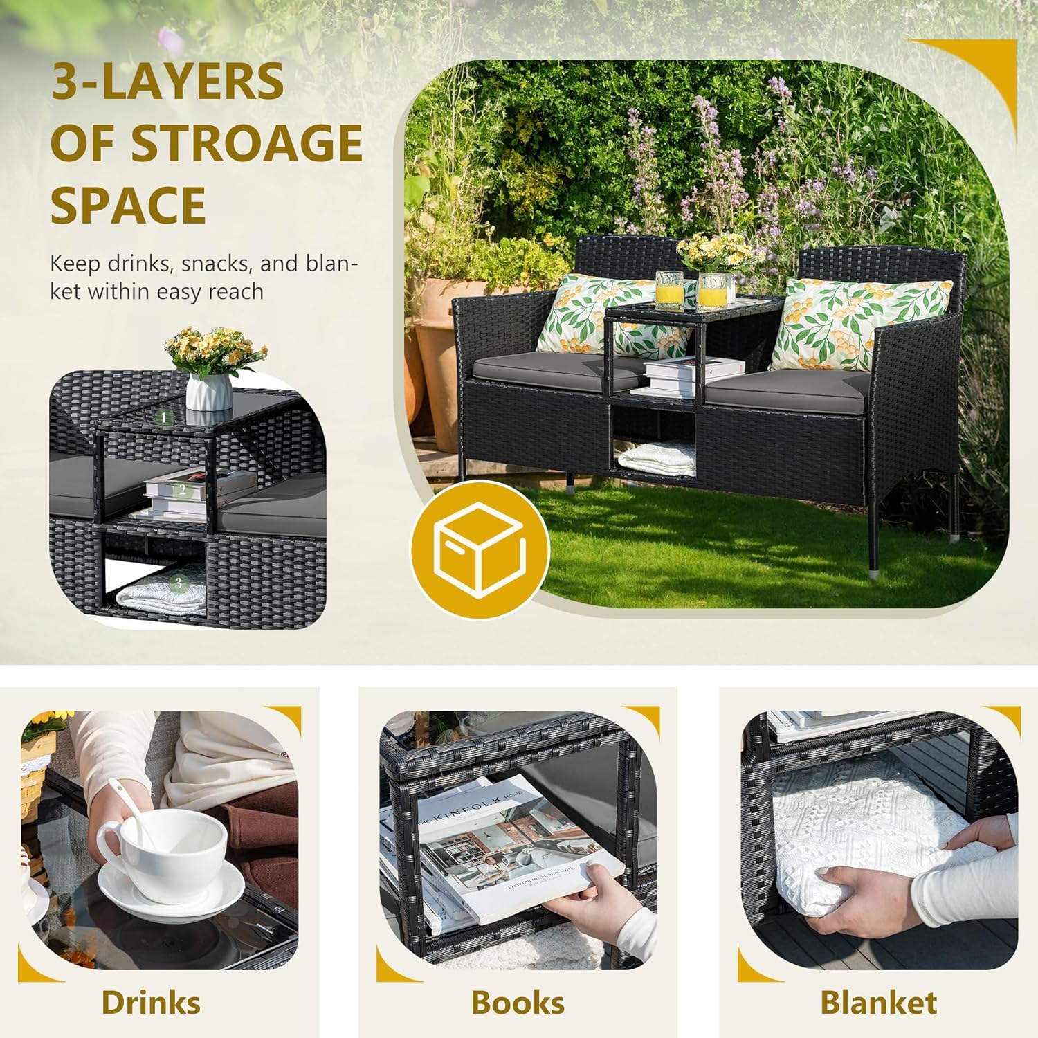 Loveseat - Outdoor Furniture Patio, Wicker 2-Seat with Built-in Table and Cushions Rattan Porch Chairs Bench for Balcony - Lawn, Backyard (Beige)