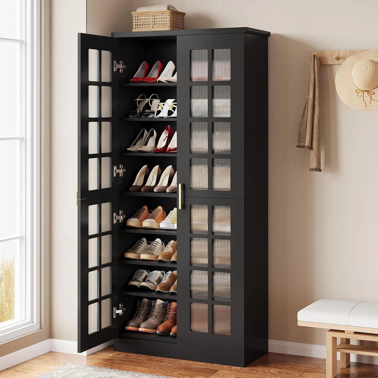 Cabinet - 71-Inch Tall Shoe, Featuring Doors - 8-Tier Shoe Storage with Adjustable Shelves, Modern Shoe Organizer Shoe Rack Cabinet for Entryway