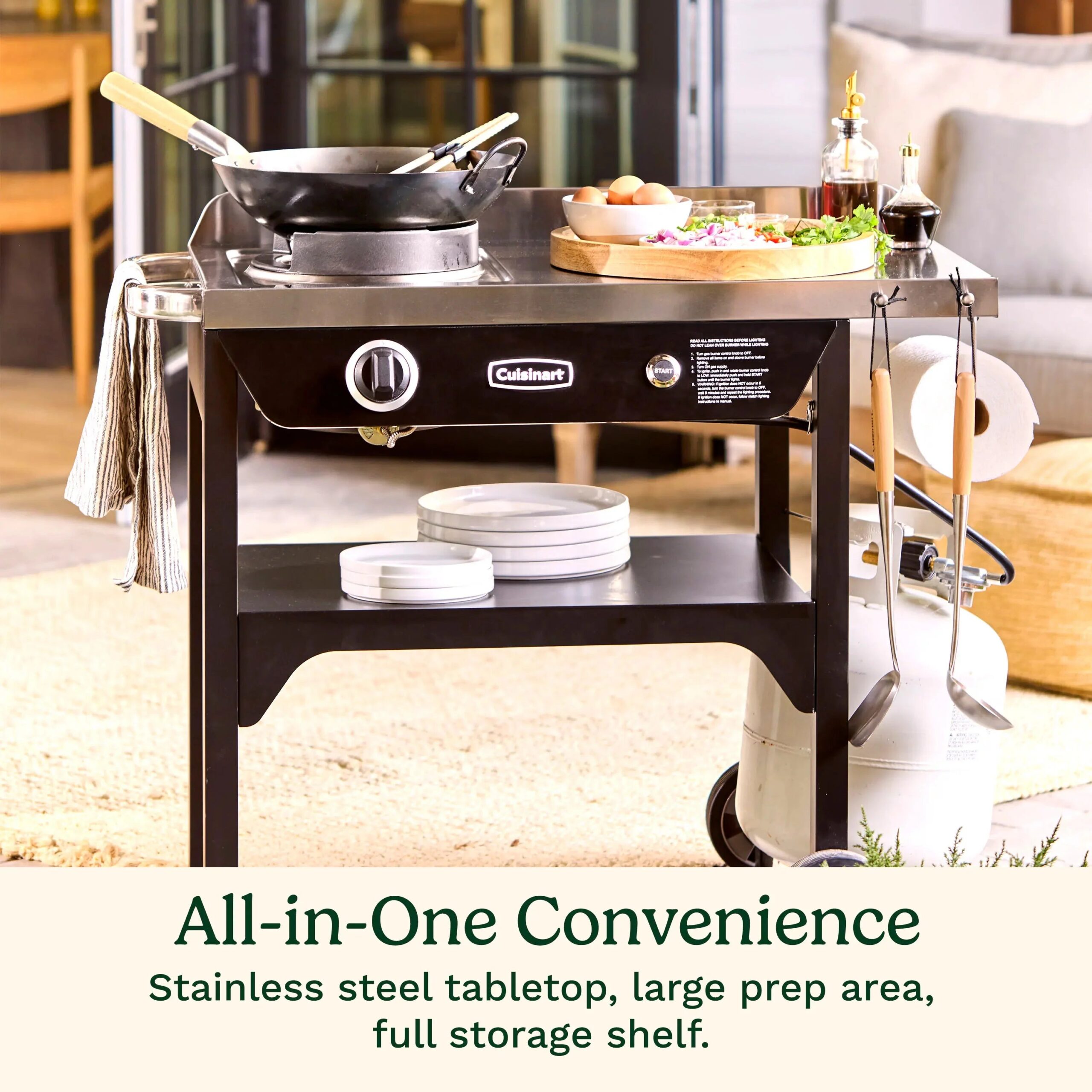 Outdoor Wok Station, Featuring 50, 000 BTU Propane Outdoor Wok Burner W Prep Table, 14 Carbon Steel Wok for Stir Fry, Searing, BBQ Black