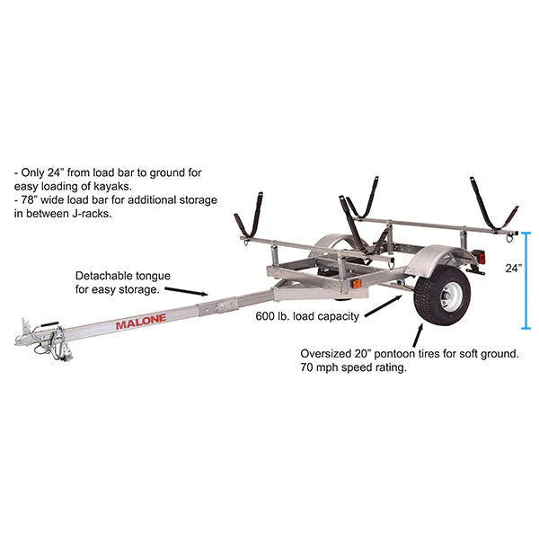 Trailer - LowMax 2 Kayak, Package - 600 Lb Capacity, Galvanized Steel, LED Lights, 70 MPH Rated Tires