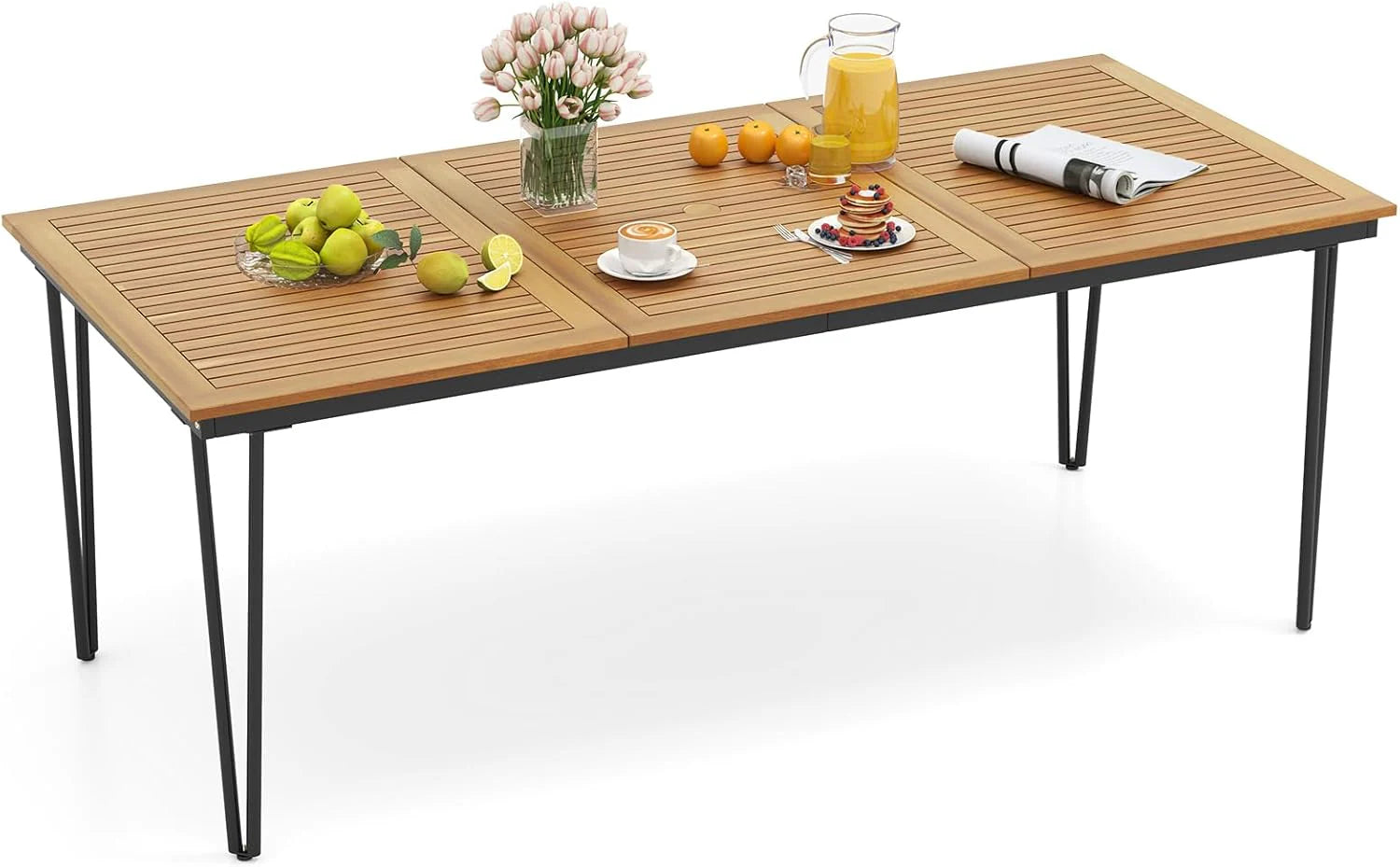Dining Table - RELAX4LIFE Wooden Outdoor, Designed for 8 - 79-inch Rectangular Table W/acacia Wood Slatted Top, Umbrella Hole and Metal Legs, Indoor Outdoor Bistro