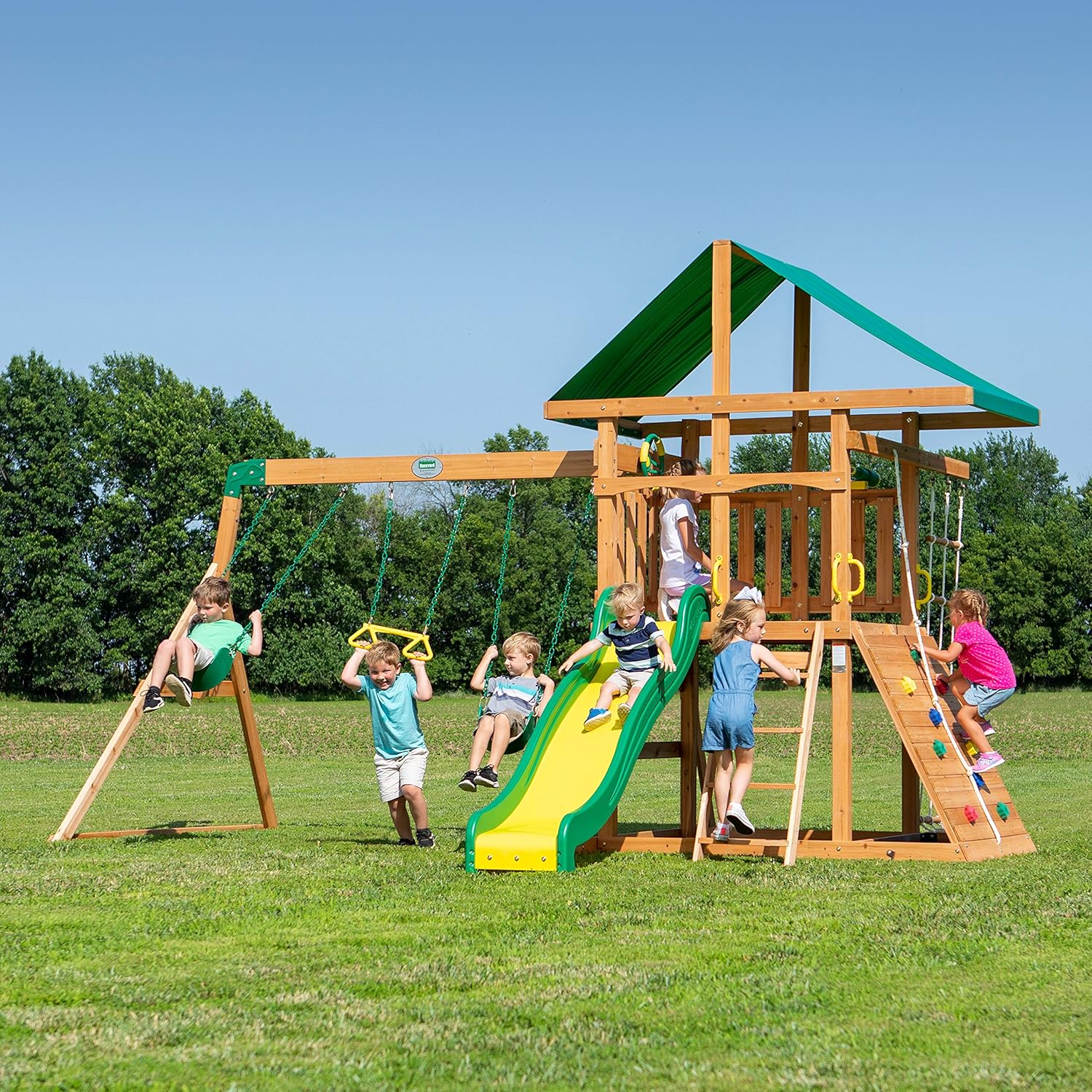 Swing Set - Mount Mckinley Cedar Wood, Featuring Wave Slide - Play Deck, Double Rock Wall, Rope Ladder, Web Swing, Belt Swings, Toy