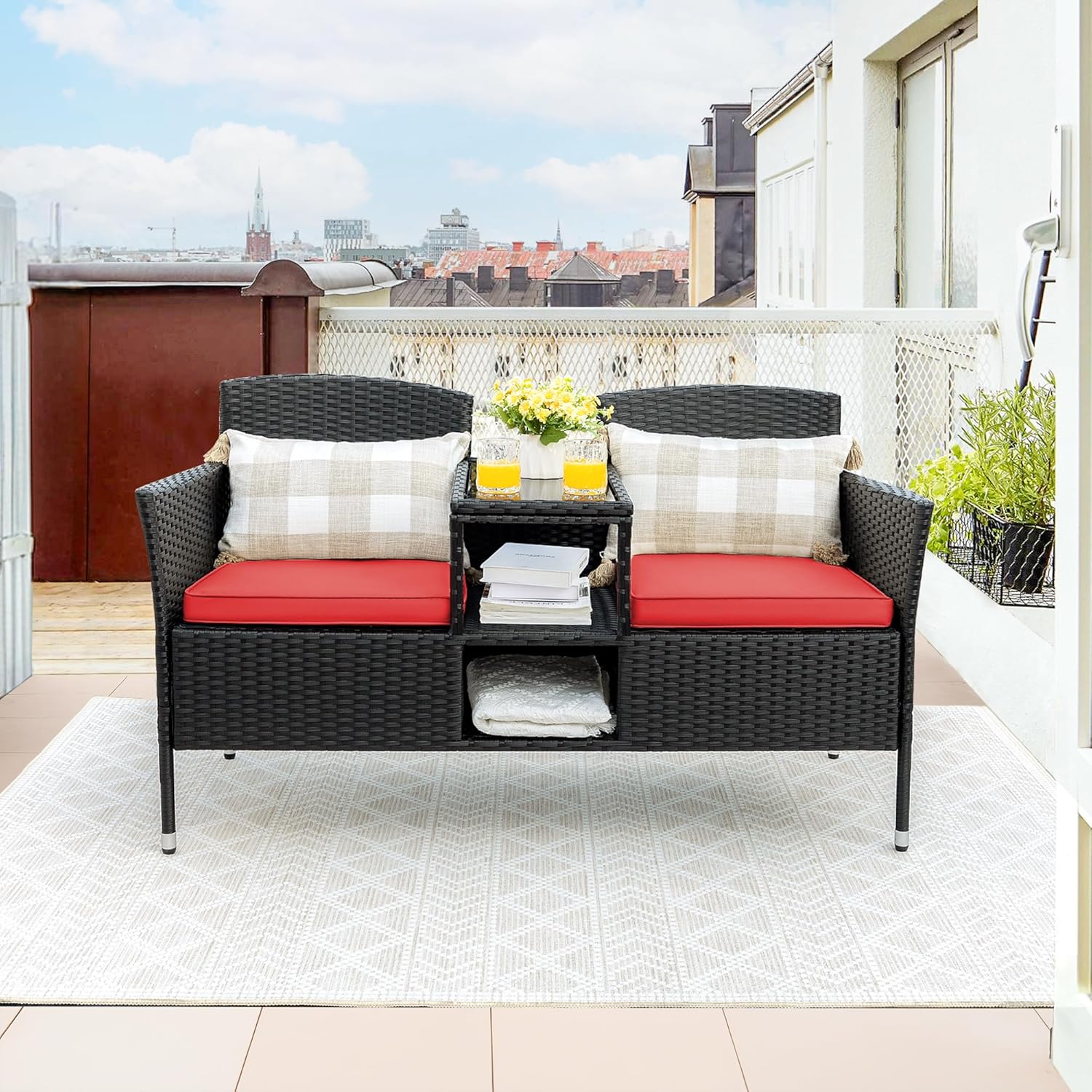 Loveseat - Outdoor Furniture Patio, Wicker 2-Seat with Built-in Table and Cushions Rattan Porch Chairs Bench for Balcony - Lawn, Backyard (Beige)
