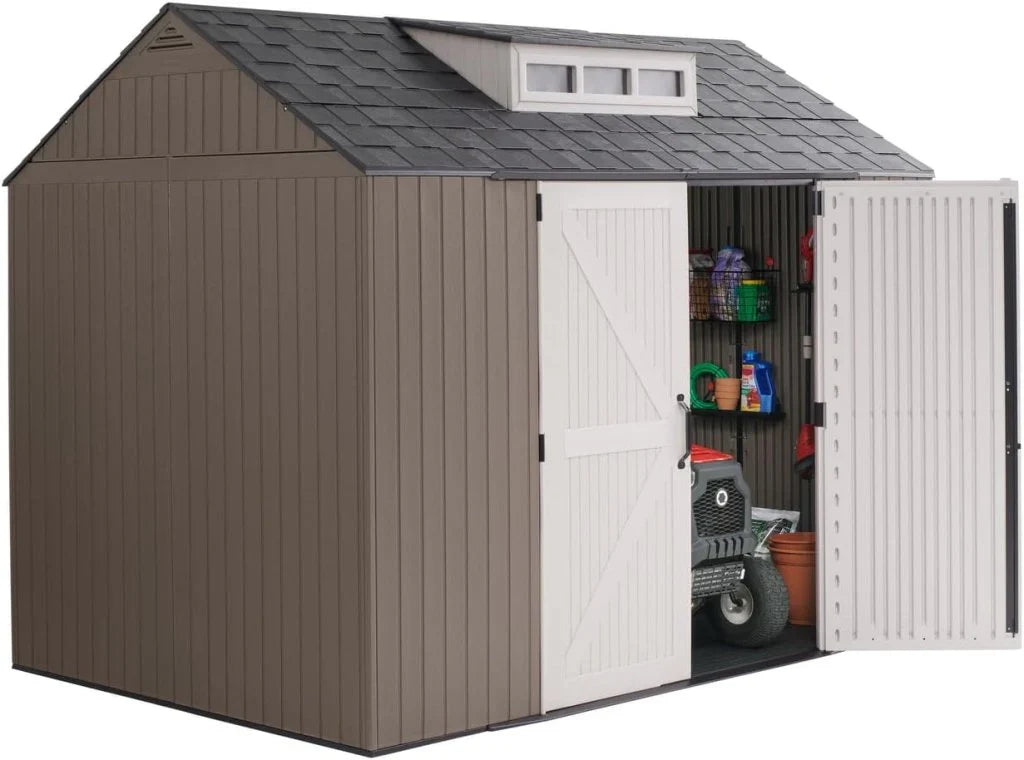 Storage Shed - Resin Outdoor - Featuring Floor (7 X 7 Ft) Weather Resistant Gray Organization for Home/backyard/garden Tools/lawn Mower/bike