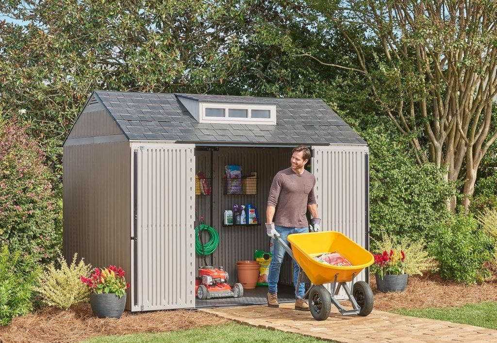 Storage Shed - Resin Outdoor - Featuring Floor (7 X 7 Ft) Weather Resistant Gray Organization for Home/backyard/garden Tools/lawn Mower/bike
