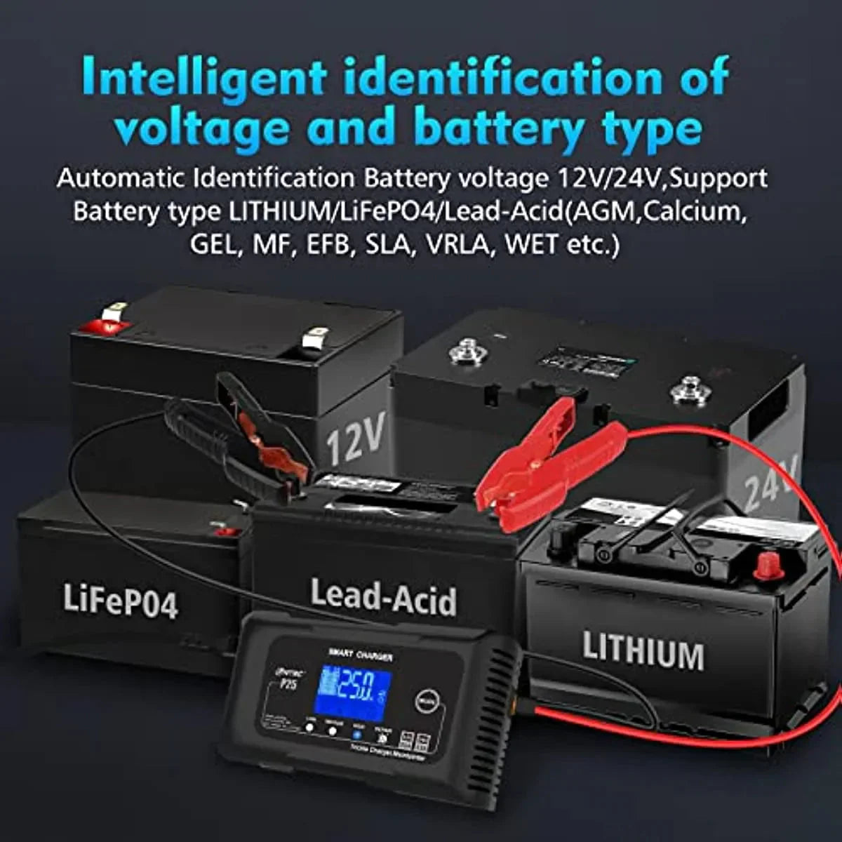 Battery Charger - 25-Amp Smart - Lithium, LiFePO4, Lead-acid Agm/gel/sla Car Battery Charger, Trickle Charger, Maintainer/deep Cycle Charger, 12V/25A