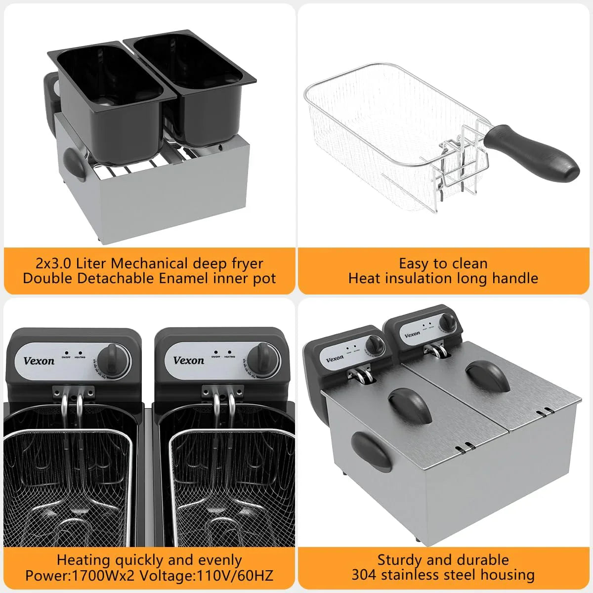 Fryer - 3000W Commercial Electric Deep, Featuring Baskets and Lids - 2 X 3L Stainless Steel Double Deep Fryer, Small Deep Fryer with Basket, Temperature