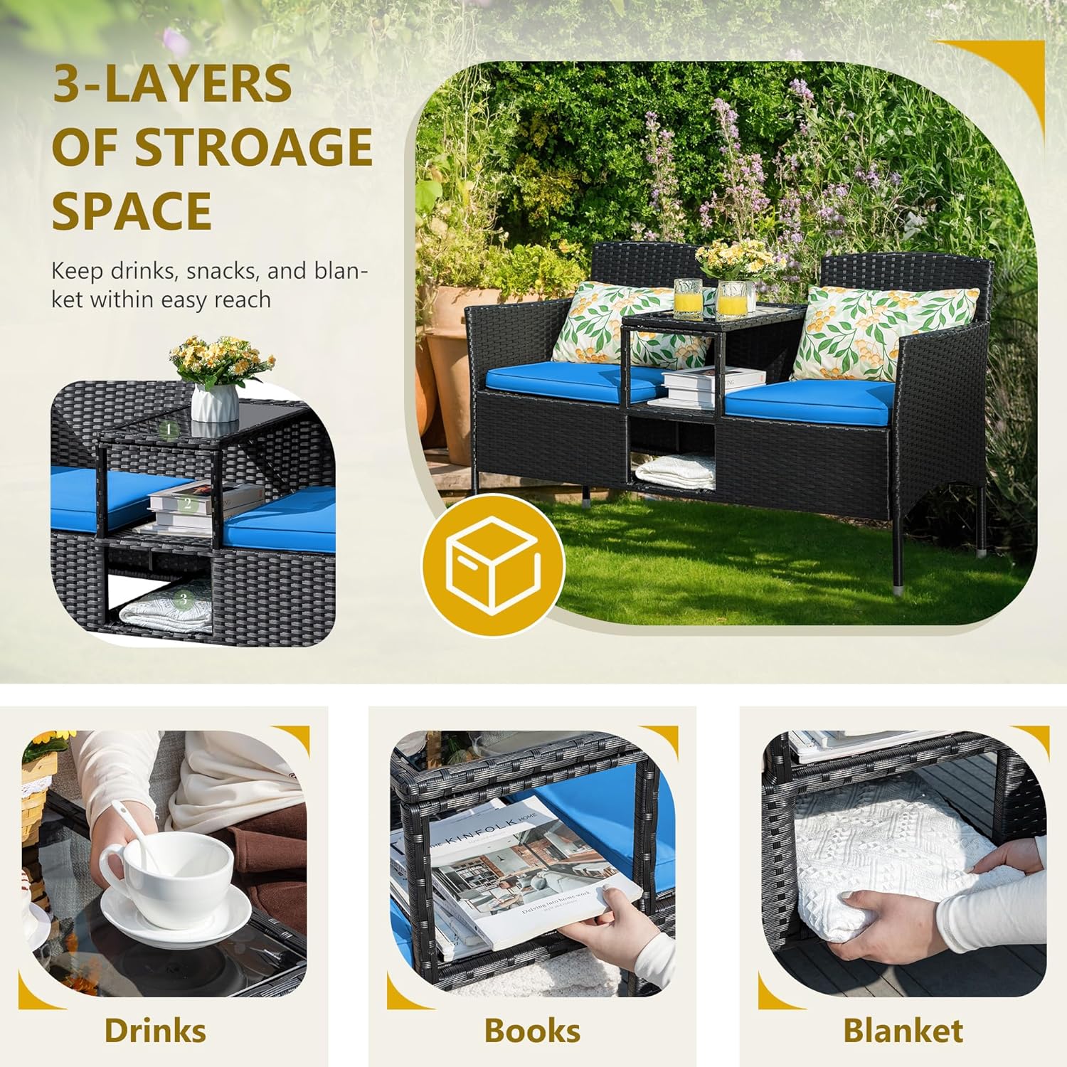 Loveseat - Outdoor Furniture Patio, Wicker 2-Seat with Built-in Table and Cushions Rattan Porch Chairs Bench for Balcony - Lawn, Backyard (Beige)
