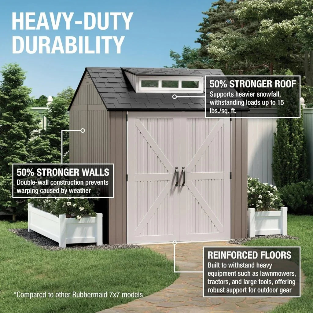 Storage Shed - Resin Outdoor - Featuring Floor (7 X 7 Ft) Weather Resistant Gray Organization for Home/backyard/garden Tools/lawn Mower/bike