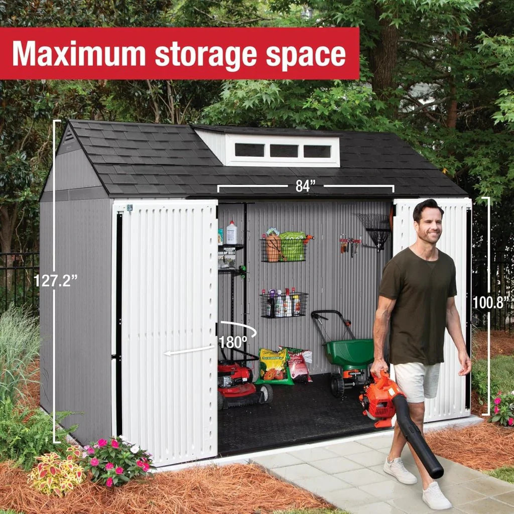 Storage Shed - Resin Outdoor - Featuring Floor (7 X 7 Ft) Weather Resistant Gray Organization for Home/backyard/garden Tools/lawn Mower/bike