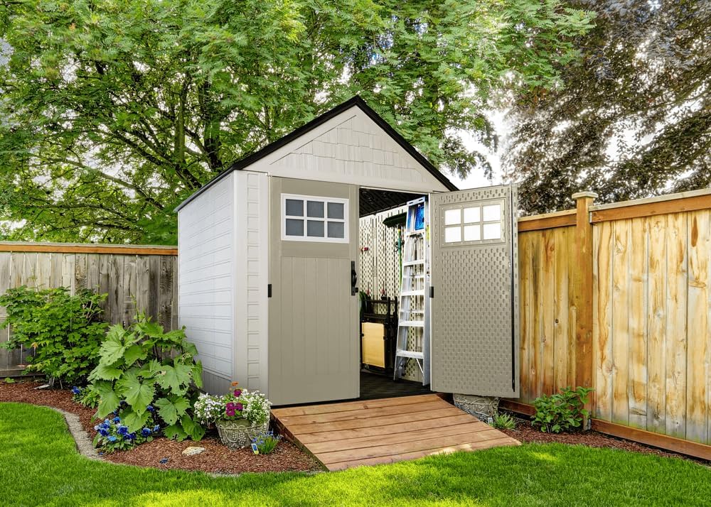 Storage Shed - Resin Outdoor - Featuring Floor (7 X 7 Ft) Weather Resistant Gray Organization for Home/backyard/garden Tools/lawn Mower/bike