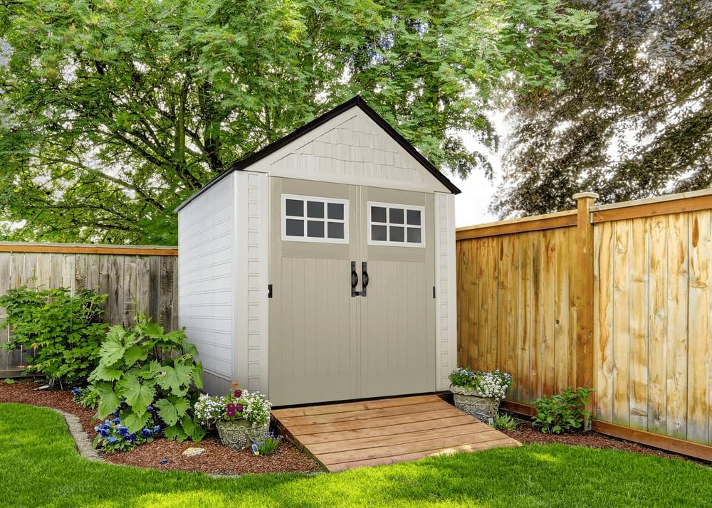 Storage Shed - Resin Outdoor - Featuring Floor (7 X 7 Ft) Weather Resistant Gray Organization for Home/backyard/garden Tools/lawn Mower/bike
