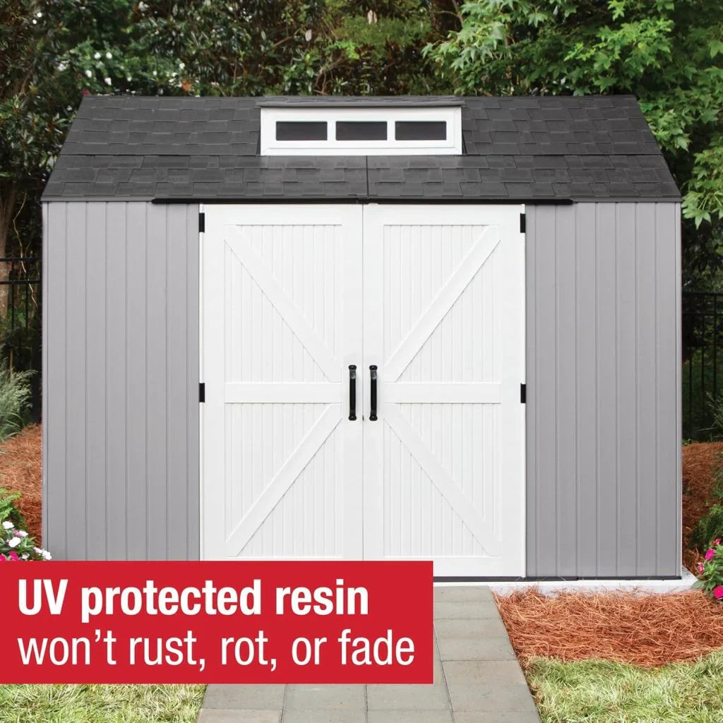 Storage Shed - Resin Outdoor - Featuring Floor (7 X 7 Ft) Weather Resistant Gray Organization for Home/backyard/garden Tools/lawn Mower/bike