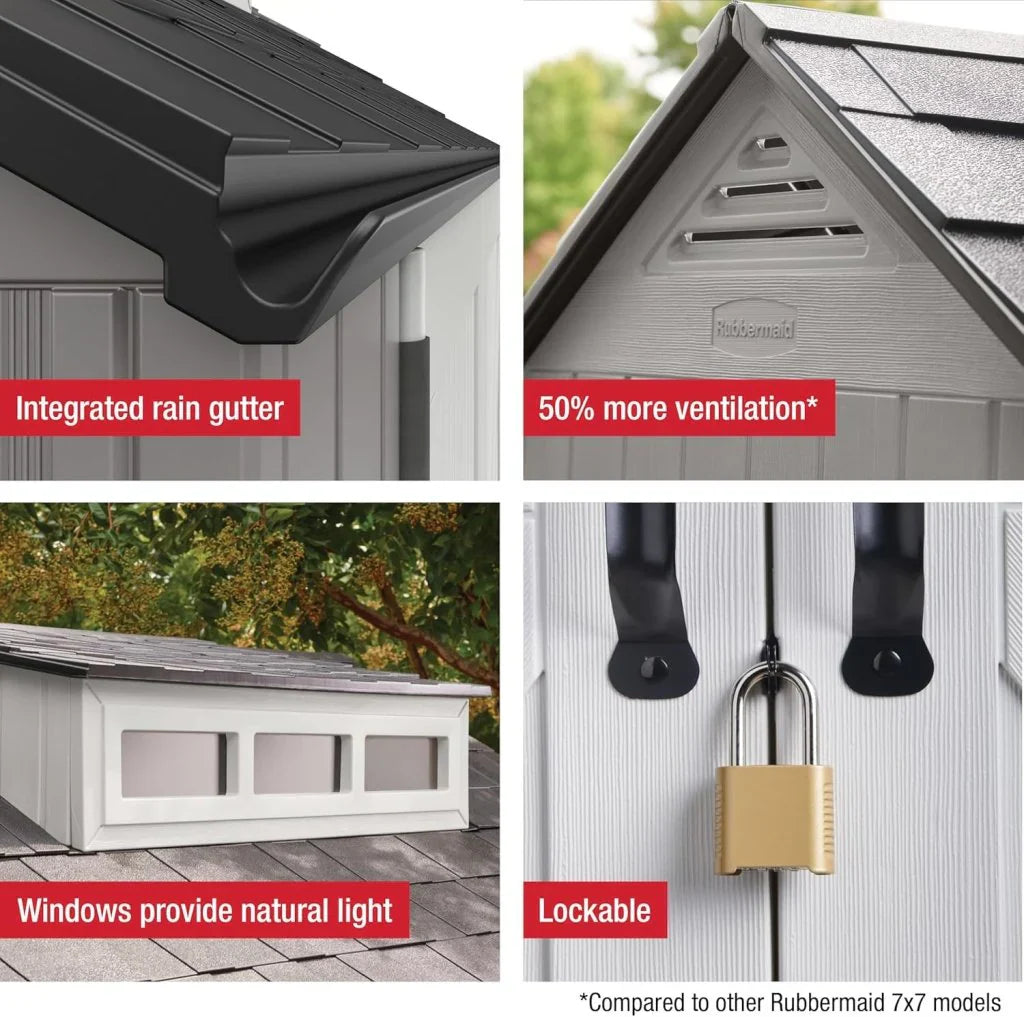 Storage Shed - Resin Outdoor - Featuring Floor (7 X 7 Ft) Weather Resistant Gray Organization for Home/backyard/garden Tools/lawn Mower/bike
