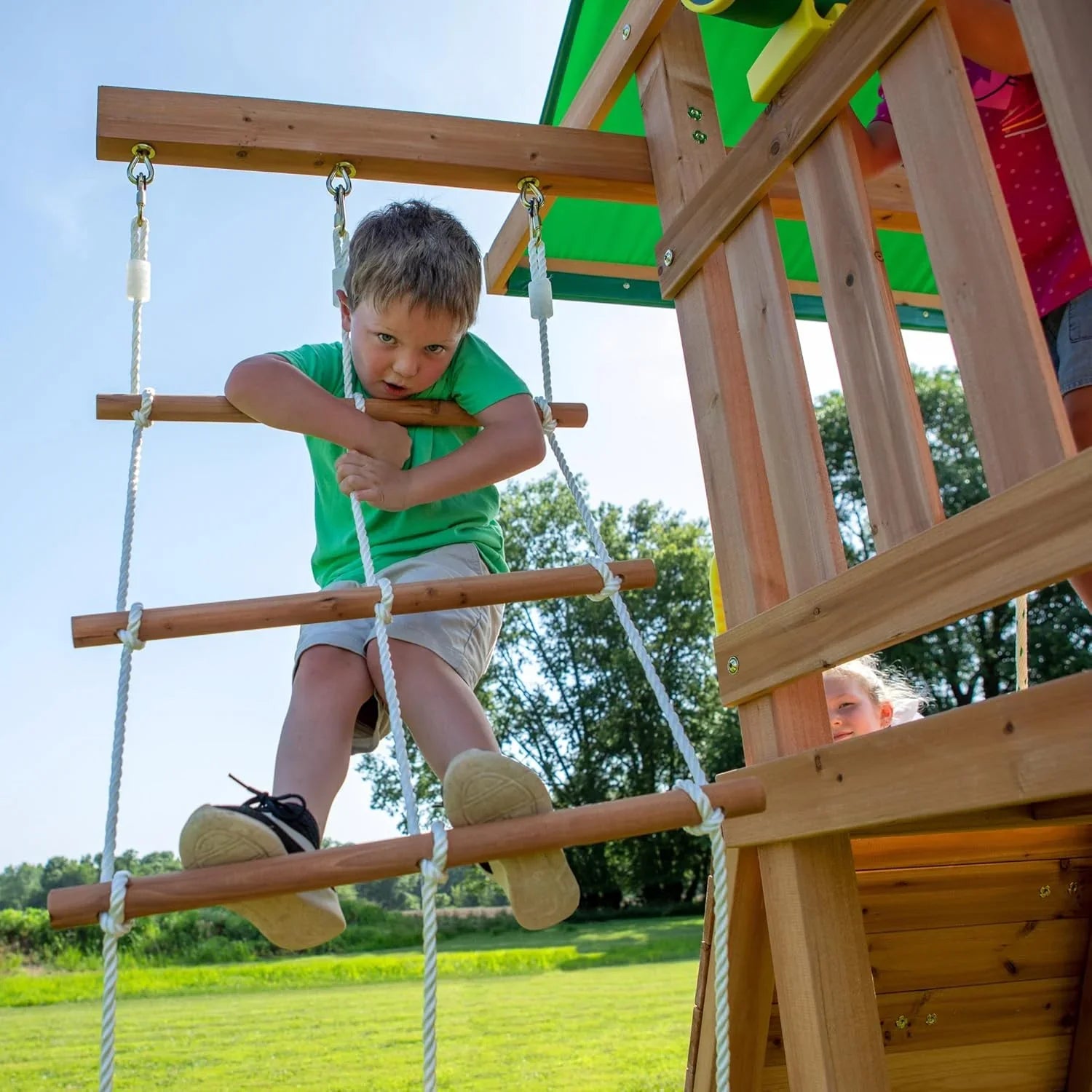 Swing Set - Mount Mckinley Cedar Wood, Featuring Wave Slide - Play Deck, Double Rock Wall, Rope Ladder, Web Swing, Belt Swings, Toy