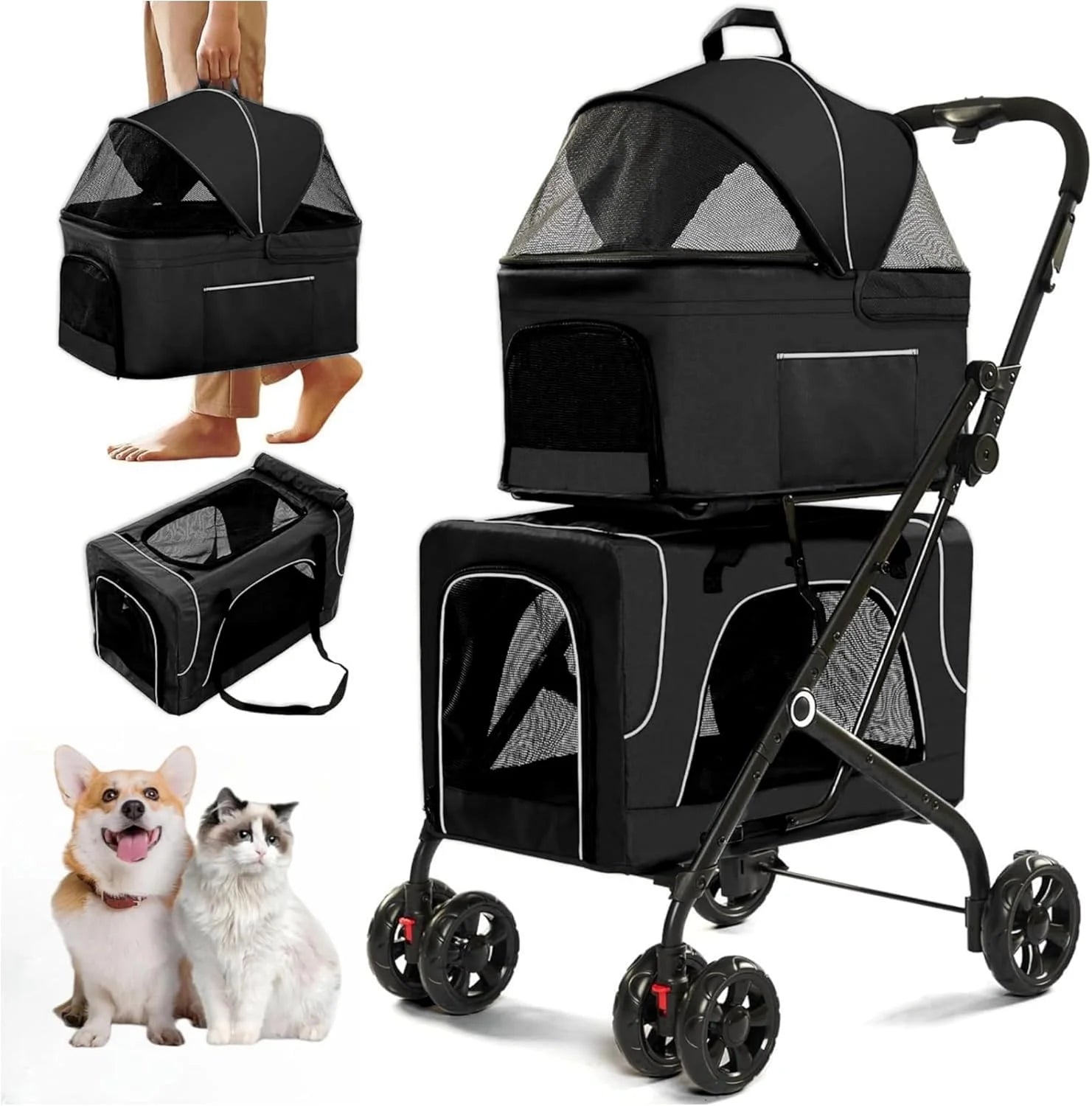 Stroller - Double Dog, Designed for 2 Dogs - Detachable Carriers, Safety Belt, Lockable Wheels, Pet Travel Carrier Strolling Cart, Folding Cat Stroller