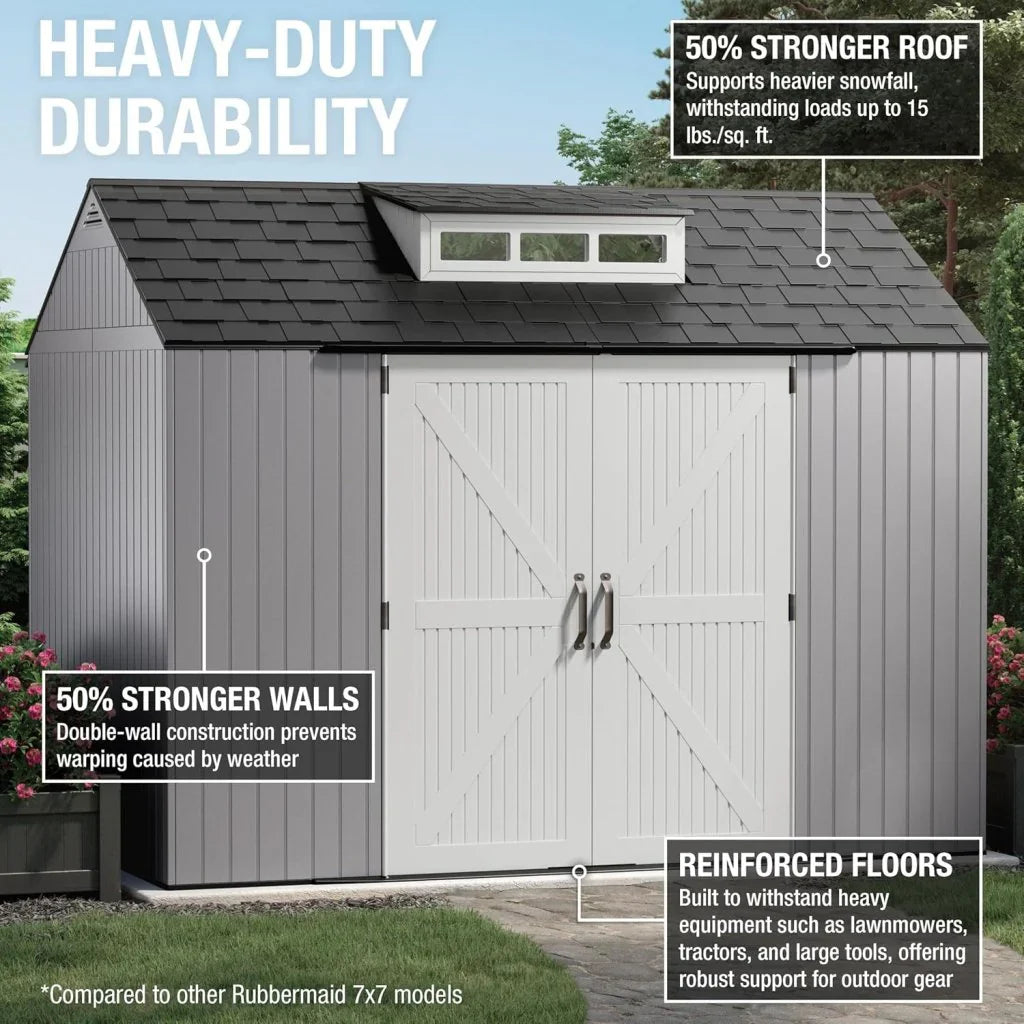 Storage Shed - Resin Outdoor - Featuring Floor (7 X 7 Ft) Weather Resistant Gray Organization for Home/backyard/garden Tools/lawn Mower/bike