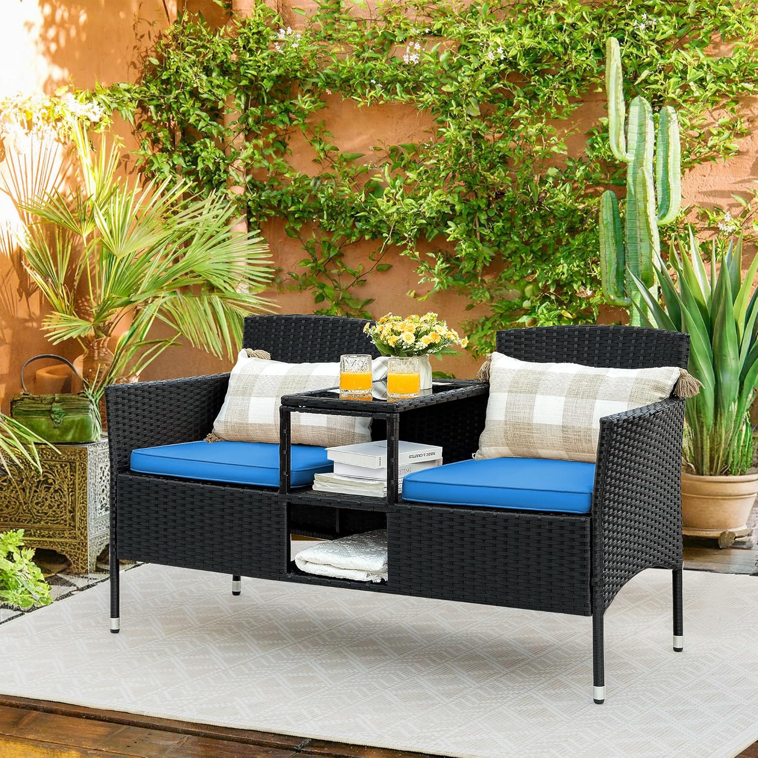 Loveseat - Outdoor Furniture Patio, Wicker 2-Seat with Built-in Table and Cushions Rattan Porch Chairs Bench for Balcony - Lawn, Backyard (Beige)