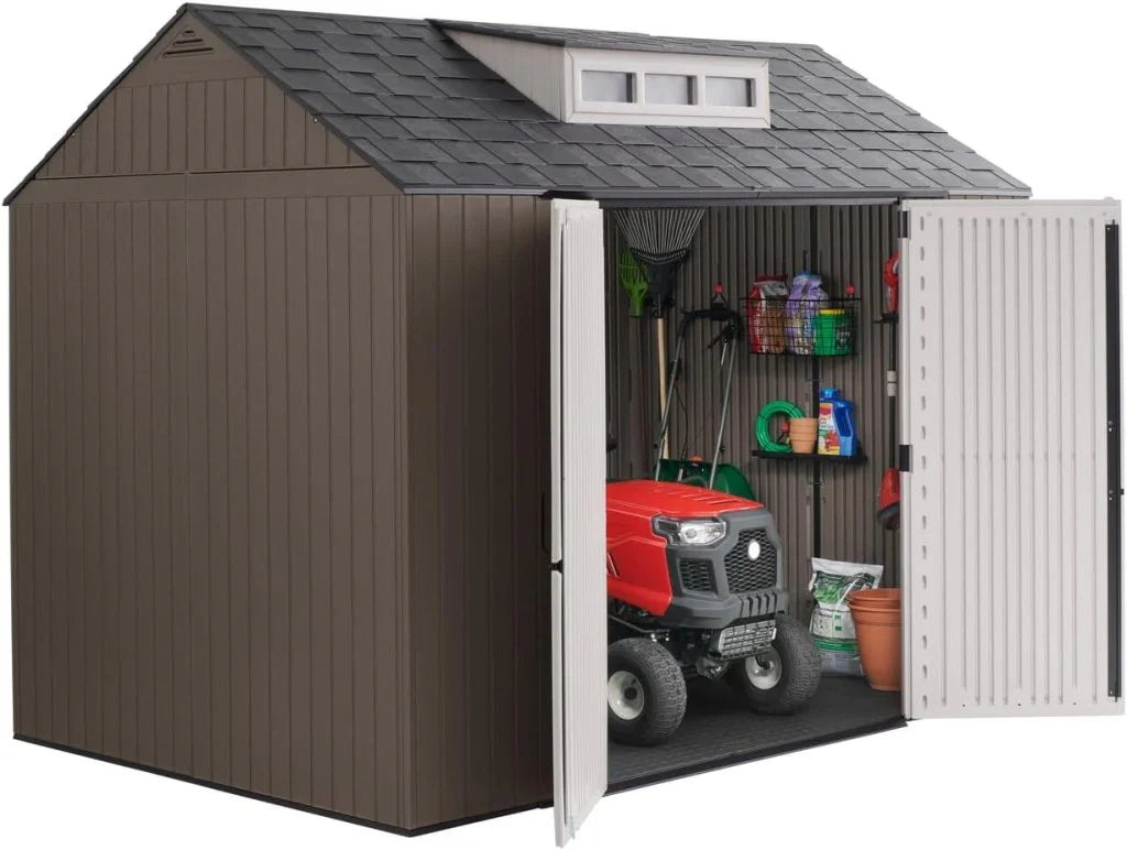 Storage Shed - Resin Outdoor - Featuring Floor (7 X 7 Ft) Weather Resistant Gray Organization for Home/backyard/garden Tools/lawn Mower/bike