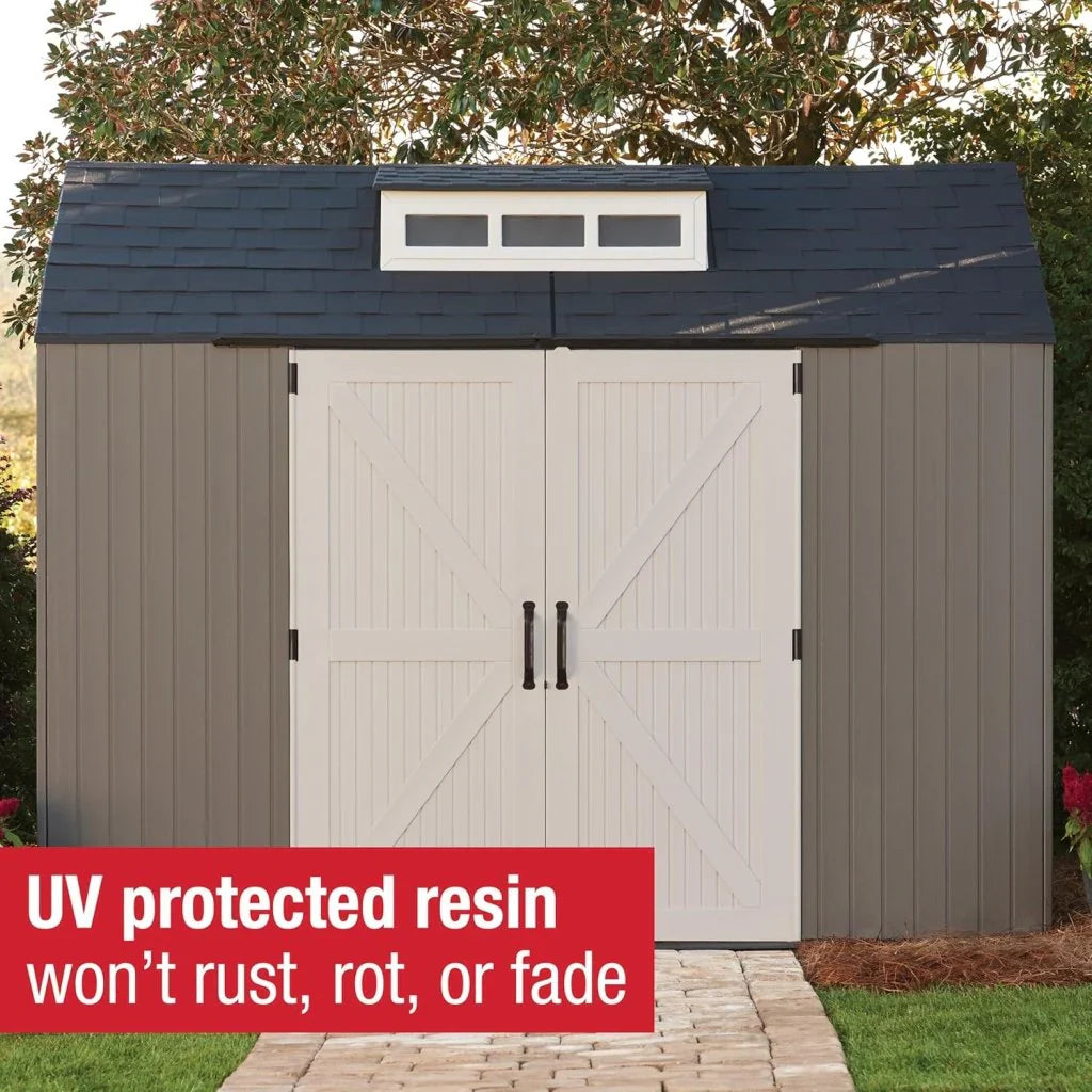 Storage Shed - Resin Outdoor - Featuring Floor (7 X 7 Ft) Weather Resistant Gray Organization for Home/backyard/garden Tools/lawn Mower/bike