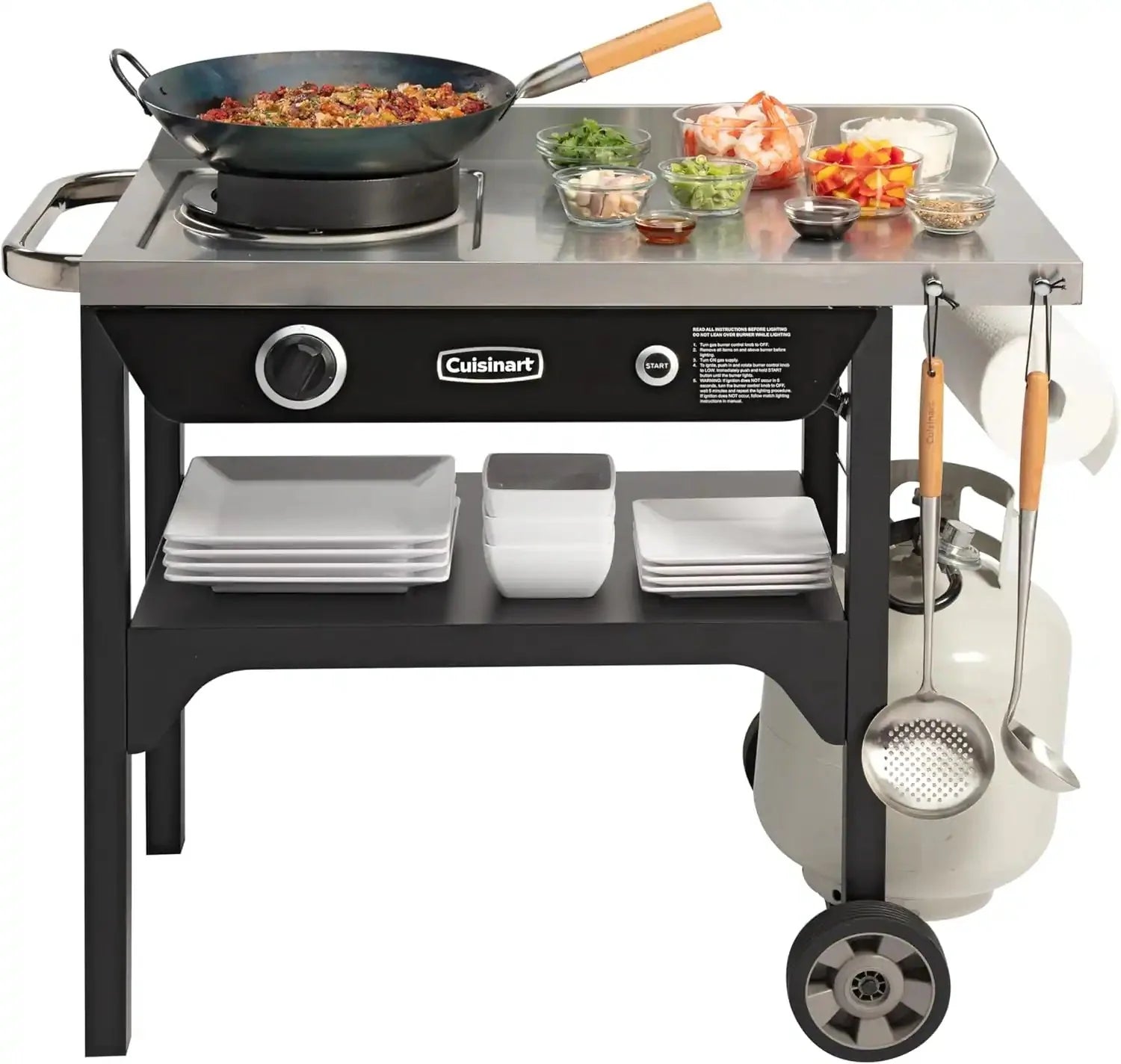 Outdoor Wok Station, Featuring 50, 000 BTU Propane Outdoor Wok Burner W Prep Table, 14 Carbon Steel Wok for Stir Fry, Searing, BBQ Black
