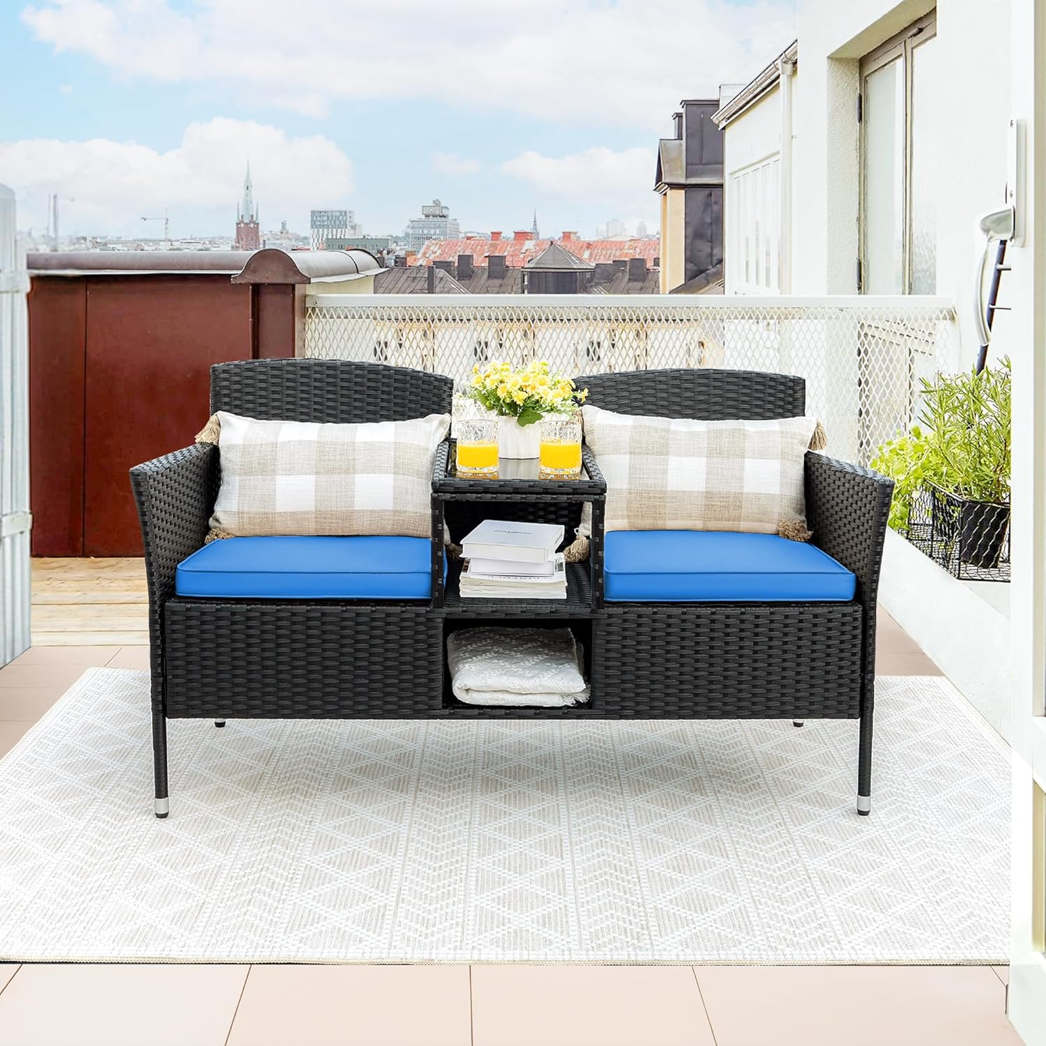 Loveseat - Outdoor Furniture Patio, Wicker 2-Seat with Built-in Table and Cushions Rattan Porch Chairs Bench for Balcony - Lawn, Backyard (Beige)