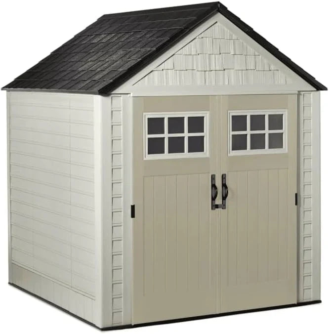Storage Shed - Resin Outdoor - Featuring Floor (7 X 7 Ft) Weather Resistant Gray Organization for Home/backyard/garden Tools/lawn Mower/bike