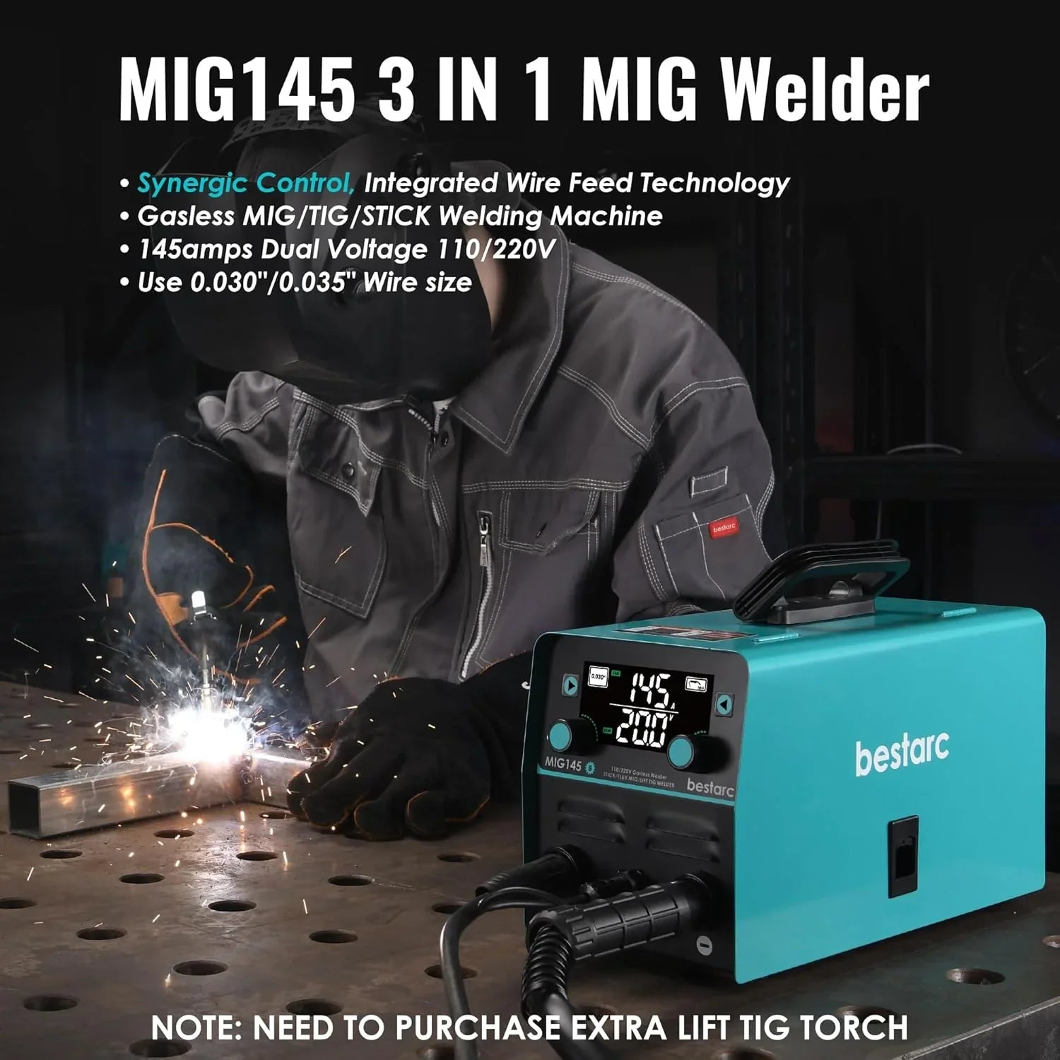MIG Welder - 145A - 110V/220V Dual Voltage Gas/gasless Flux Core MIG Welder/lift Tig/stick 3 in 1 Synergic MIG145 9GEN Welding Machine, Flux/solid