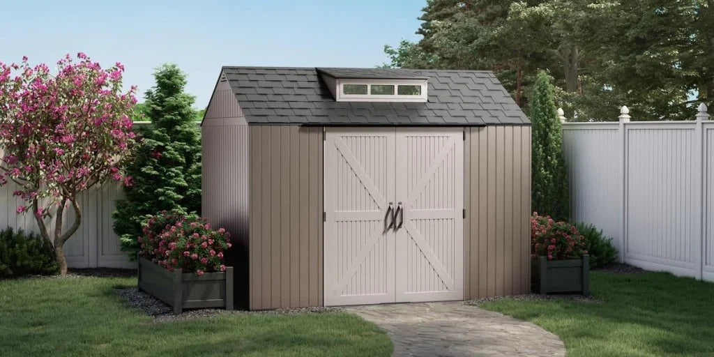 Storage Shed - Resin Outdoor - Featuring Floor (7 X 7 Ft) Weather Resistant Gray Organization for Home/backyard/garden Tools/lawn Mower/bike