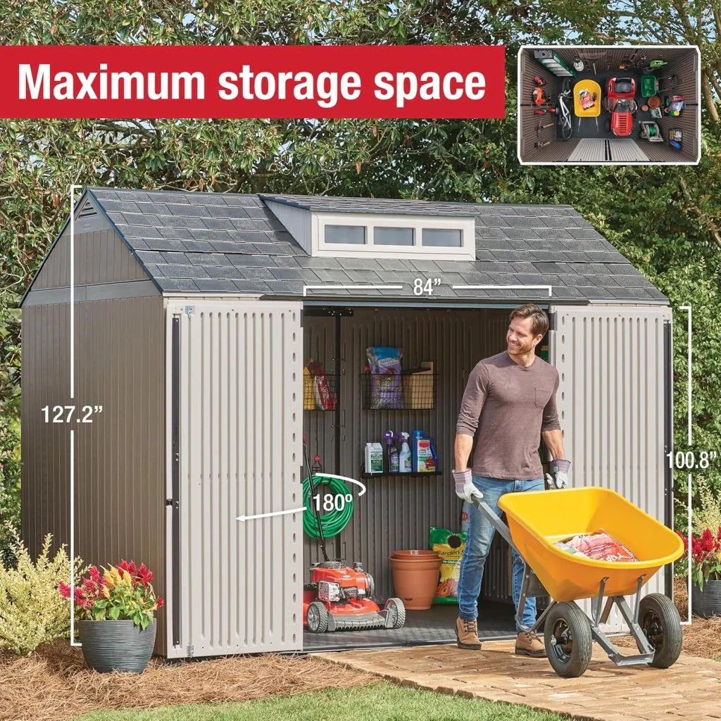 Storage Shed - Resin Outdoor - Featuring Floor (7 X 7 Ft) Weather Resistant Gray Organization for Home/backyard/garden Tools/lawn Mower/bike